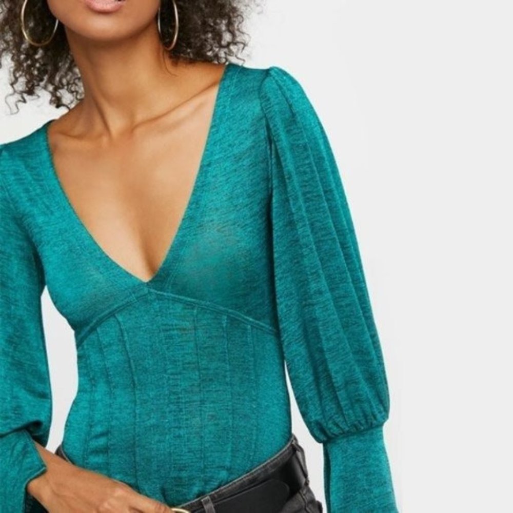 Free People Green Queen Shimmery Plunging V Neck Blouse Long Sleeve Boho